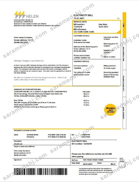 Finland HELEN utility bill template in Word and PDF format